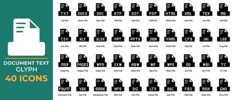 Set of document file text icons Glyph Style. pdf, csv, ppt, doc. extension file symbol icons. Vector Collection.