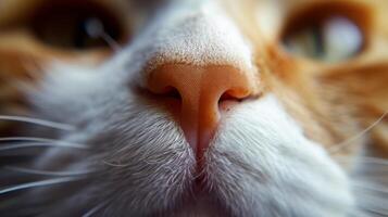 AI Generated Close-up of a Ginger Cats Soft Nose, White Whiskers, Pink Nose, and Green Eyes photo