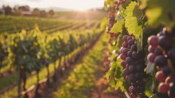 ai generado explorador un viñedo, admirativo filas de uvas, y saboreando vino debajo el Dom crear un encantador experiencia foto