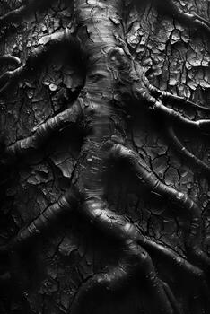 AI generated Close up of tree roots intertwining, symbolizing strength and stability, dark and moody forest floor backdrop photo