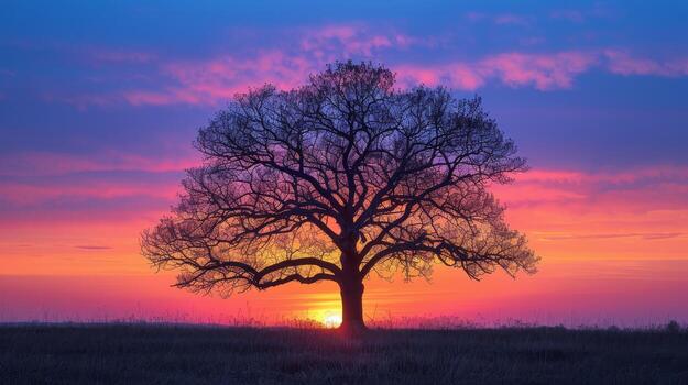 AI generated Capturing the tranquil beauty of a national park with a colorful sunset and a striking tree silhouette. photo