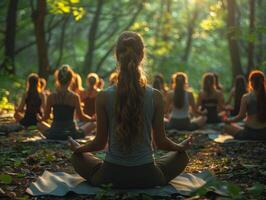 AI generated Group meditation in a forest integrates mindfulness with nature conservation for mental health in green spaces. photo