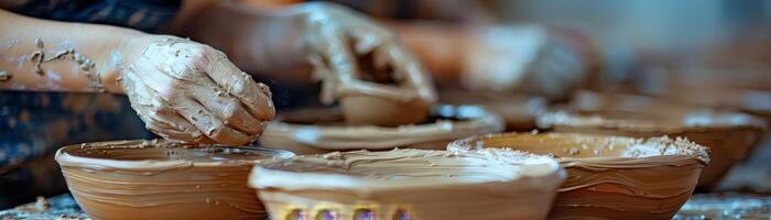 AI generated In ceramics class, students shape bowls, emphasizing hands and clay photo