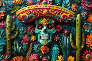 AI generated A detailed illustration of a Mexican folk art piece, colorful and intricate, representing the rich cultural heritage celebrated during Cinco de Mayo. photo