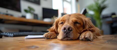 ai generado lugar de trabajo ese da la bienvenida mascotas, un perro descansando junto a un oficina escritorio, encarnando inclusividad foto