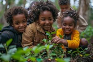 AI generated Family planting a tree together, Arbor Day celebration, vibrant garden background, joyous mood, diverse ages and ethnicities, heart shaped leaves scattered around. photo