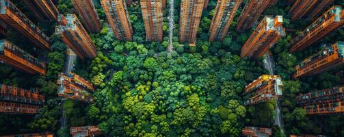 AI generated Aerial view of a city integrating green spaces, bike lanes, and pedestrian paths, exemplifying a shift towards sustainable urban planning. photo