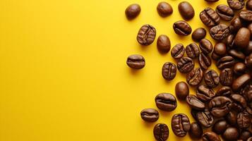 AI generated Coffee beans scattered on a yellow background. Isolated on a solid color background. photo