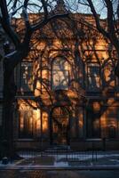 ai generado dramático árbol oscuridad emitir en un histórico del edificio fachada, mezcla urbano arquitectura con natural elementos, tarde tarde. foto