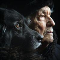 AI generated A pet owner's reflective moment with their aged companion, signifying a profound bond. photo