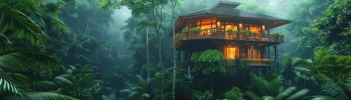 AI generated Eco-tourism welcomes guests to a treehouse lodge hidden in a dense jungle with birds chirping in the background photo