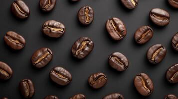 AI generated Close-up of roasted coffee beans on dark background for coffee lovers and cafes. photo