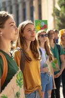 AI generated Group engaging in eco-activism with signs advocating for climate action, in front of a governmental building, showing civic engagement for environmental policy. photo