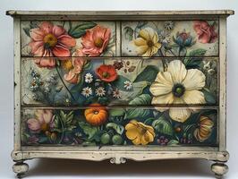 AI generated Decoupage art on furniture involves applying cutouts and varnish to transform it into a unique piece photo