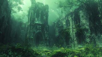 AI generated Off-the-beaten-path explorers find a deserted castle with ivy-covered walls photo