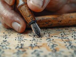 ai generado esmeradamente escritura con un inmersión bolígrafo, negro tinta en blanco papel, el guión fluye hermosamente foto