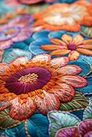 AI generated Crafting an intricate embroidery piece, close up, vibrant threads on canvas, floral design photo