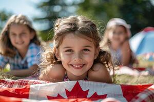 AI generated Families enjoy a red and white themed Victoria Day picnic in Canada with the Canadian flag, outdoors, celebrating spring joyfully. photo