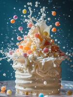 AI generated Popping Surprise, Cake with Exploding Candy Inside, April Fool's Day Treat photo
