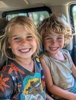 AI generated Siblings sharing laughter on a family car journey, communal happiness photo