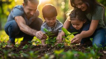 ai generado familia cautiverio crecer fuerte como ellos planta arboles en un parque, encarnando intergeneracional Dedicación a repoblación forestal. foto