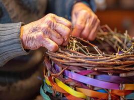 AI generated Hands in detailed view making Easter basket with artistry in willow weaving and decorative ribbons highlighted photo