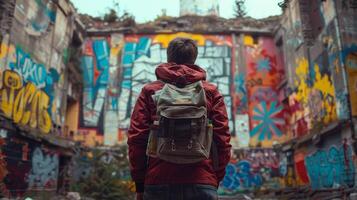 AI generated Urban explorer navigating ancient ruins, vibrant street art backdrop photo