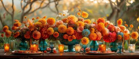 AI generated A vibrant Cinco de Mayo table centerpiece with Mexican flag colored flowers, candles, and mini sombreros creates a festive ambiance. photo