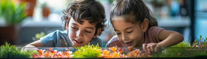 AI generated Siblings are assembling a fish tank, delving into the care of water-dwelling pets. photo