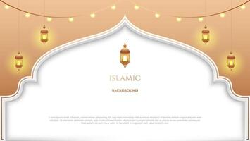 islamic background lantern, lamps and gate in white and gold color. vector illustration