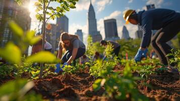 ai generado urbano silvicultura voluntarios son plantando arboles en un ciudad parque a un comunidad jardinería evento, con un diverso grupo y rascacielos en el fondo, promoviendo sostenible viviendo. foto