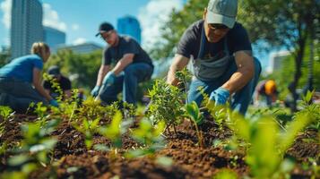 ai generado urbano silvicultura voluntarios planta arboles en un ciudad parque, comunidad jardinería evento con un diverso grupo, rascacielos en el fondo, promoviendo sostenible viviendo. foto