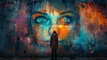 AI generated Urban explorer exploring ancient ruins with vibrant street art backdrop photo