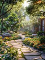 ai generado exhibiendo árbol marquesinas y flor camas, un sereno urbano oasis, soleado y atractivo ciudad escapar. foto