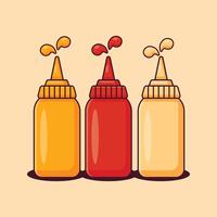 cartoon vector illustration of tomato ketchup, mayonnaise, and mustard.