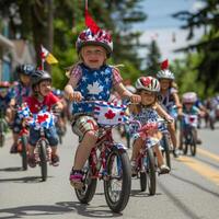 ai generado victoria día caracteristicas un patriótico bicicleta desfile para niños con decorado bicicletas deportivo canadiense banderas, Fomentando comunidad y al aire libre divertida. foto