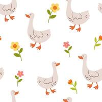 Goose cartoon seamless pattern. Funny rustic print. For textiles, Wallpaper, wrapping paper, bed linen. Kids texture with funny ducks. Farm animals background. Vector hand drawn illustration.