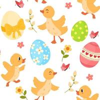 Easter chicks seamless pattern. Celebrate the joys of spring with the Chirpy Easter Celebration Pattern, featuring adorable chicks, decorated Easter eggs, and vibrant spring flowers. vector