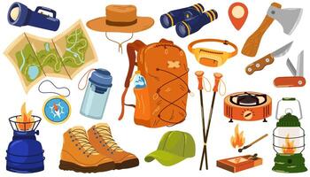 Camping, hiking items set. Tourism and adventure accessories. Summer travel and picnic stuff. Holiday backpack, campfire, hiking shoes, lanterns, burners, axe, map, knives. Vector illustration