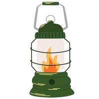 Camping lantern with handle. Tourist Kerosene lamp for garden, camping, hike, forest walk. Vector Cartoon illustration isolated on the white background