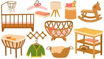 Children's interior items. Furniture for the newborn's nursery. Baby crib, baby carrier, bed, changing table, children's toys and clothes. Hand drawn Vector isolated illustrations