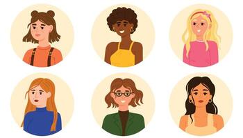 Avatars with various female characters. Mothers and daughters set. Portraits of different women of different races. User profiles. Round badges with happy smiling people. Vector illustration