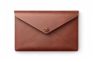 AI generated Brown leather envelope isolated on white background. Clipping path included. photo