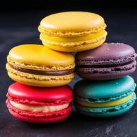 AI generated Colorful macaroons on black background. Selective focus. photo