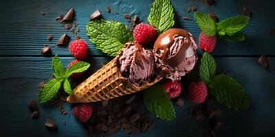 AI generated Chocolate ice cream with fresh raspberries and mint on a blue wooden background. photo