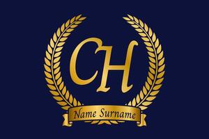 Initial letter C and H, CH monogram logo design with laurel wreath. Luxury golden calligraphy font. vector