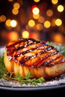 AI generated Grilled scallops with caramelized onions on a festive background. Selective focus. photo