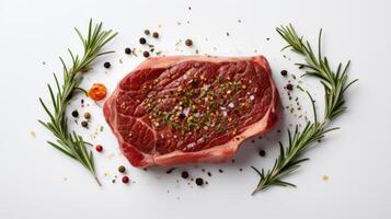 AI generated Raw beef steak with rosemary, pepper and salt on white background photo
