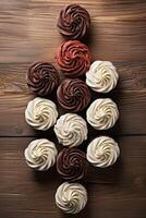 AI generated Delicious cupcakes on wooden background, top view. Delicious dessert photo