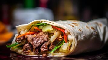 AI generated Tortilla wrap with beef, vegetables and sauce on black background photo